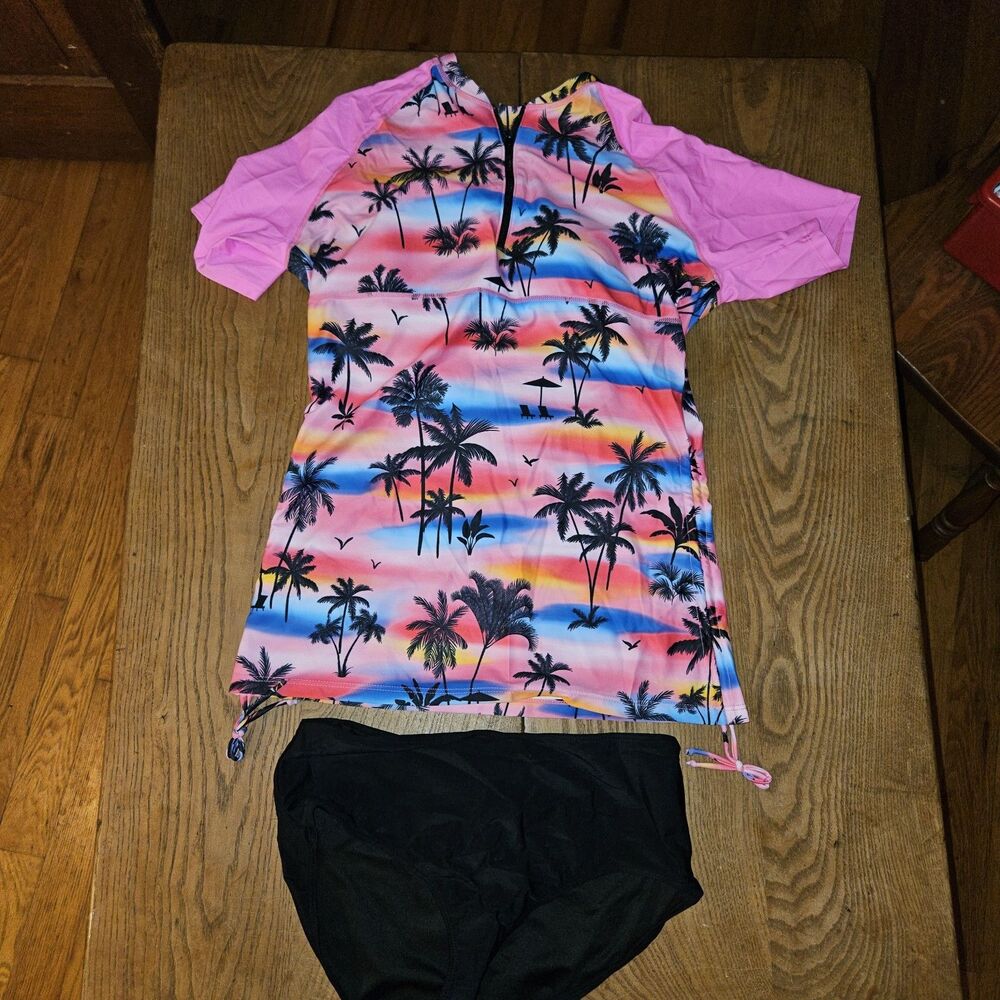 NWT Holipick 2pc Rash Guard Swimsuit Pink Coconut Tree UPF 50 Zip Top Set - Picture 3 of 6